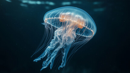 Fototapeta premium Bioluminescent Jellyfish Glowing in the Dark Ocean Depths