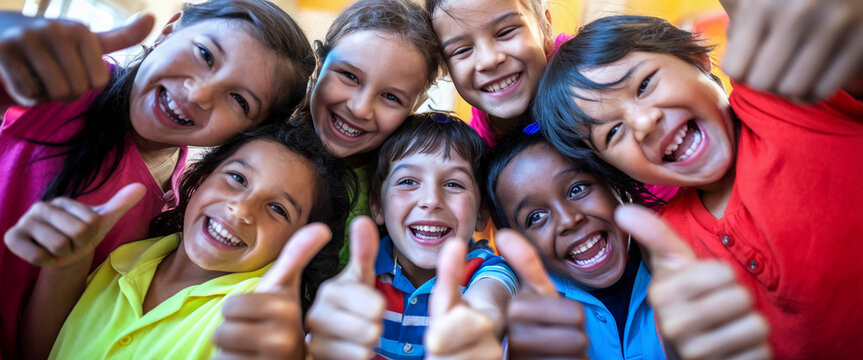 Close-up of diverse children smiling, giving thumbs-up, symbolizing friendship, happiness, and unity