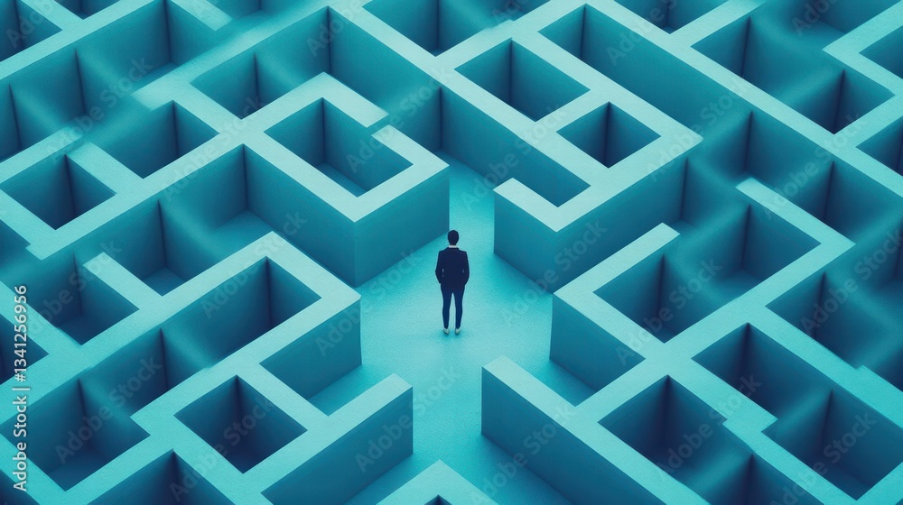 Poster Person standing in a maze with a pensive expression contemplating their next move in a complex and intricate pathway