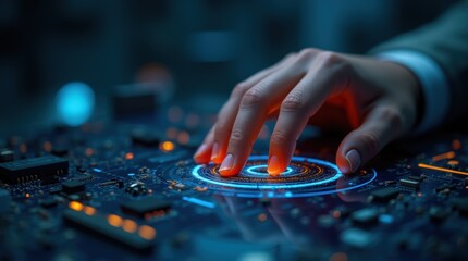 Hand extends to a digital interface with glowing blue and orange data visuals, sharp circuit patterns, against a dark muted background