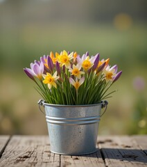 Fototapeta premium vibrant purple spring crocuses in a rustic tin bucket against a softly blurred bokeh garden backdrop