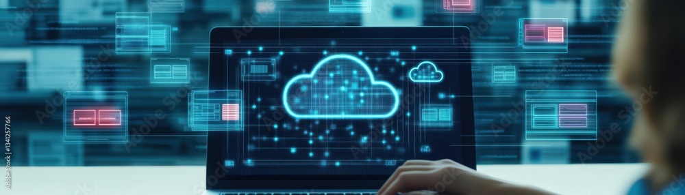 Fototapete Woman using laptop with cloud computing icon representing modern technology and digital connectivity in work environment