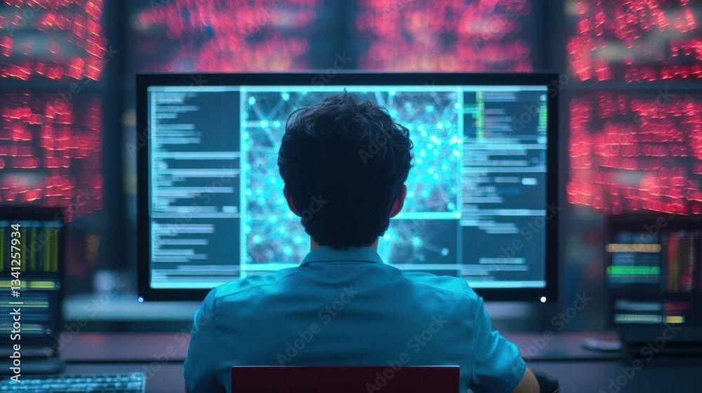Poster Man observing a computer screen displaying a red and blue image of a brain scan indicating medical technology
