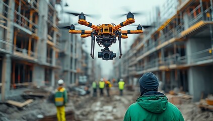 Aerial Drone Inspection of Construction Site Operator Monitoring Flight Progress
