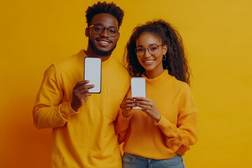 a smiling couple holding up smartphones on a yellow background, showcasing the latest technology