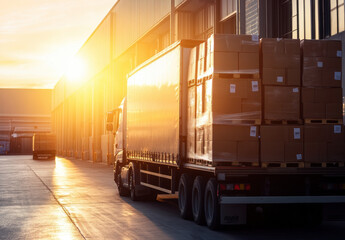 Naklejka premium A delivery truck loaded with boxes is parked alongside a warehouse as the sun sets, casting a golden hue over the scene, creating a peaceful evening atmosphere