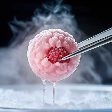 Liquid nitrogen frozen raspberry sphere, cracking surface revealing rose mousse core, lab-grade stainless steel tweezers in frame 

