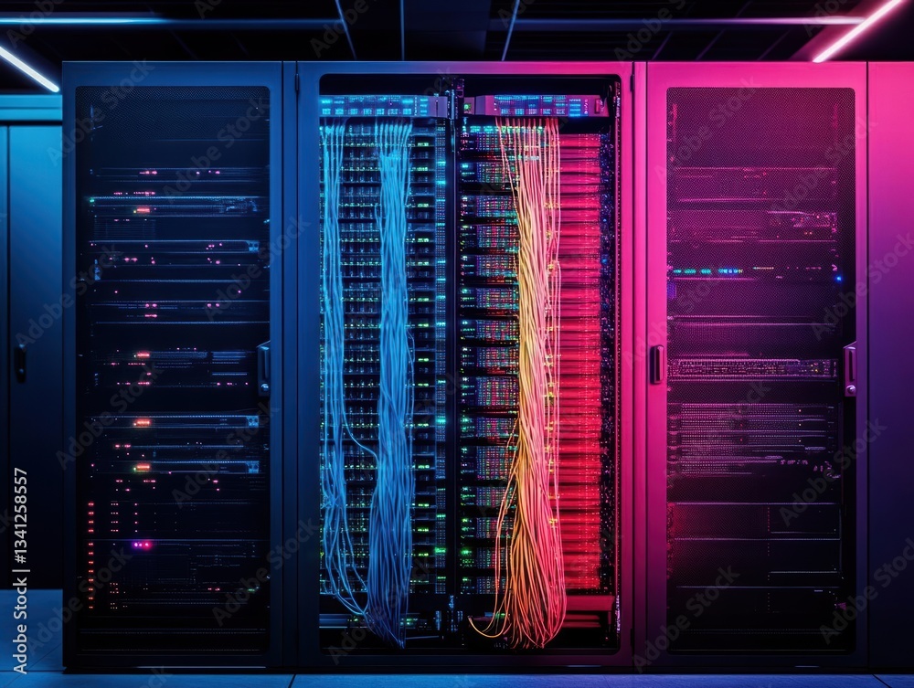 Poster Server rack in high-tech data center showcasing advanced technology and connectivity for modern business operations