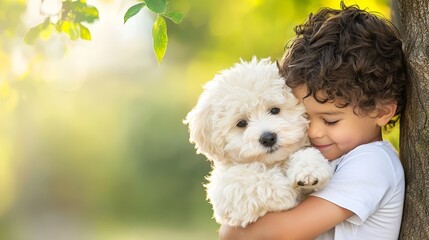 Heartwarming embrace young boy and small white dog share tender moment of affection