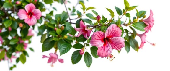 Vibrant hibiscus shrub in full bloom, isolated on white, colorful, fence