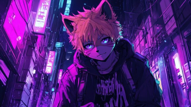 Neon Alley Cat Boy: Futuristic Anime Character in Electric Urban Landscape