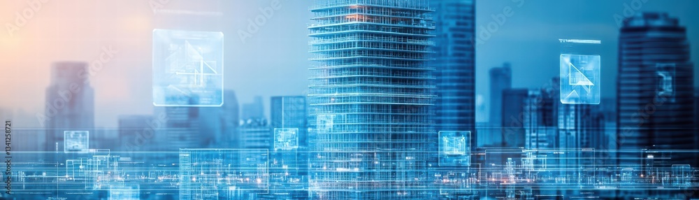 Poster futuristic cityscape with blue and white background showcasing modern architecture and innovative de