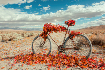 Fototapeta premium Rusty bicycle adorned with autumn leaves sits on a deserted road under a bright sky.