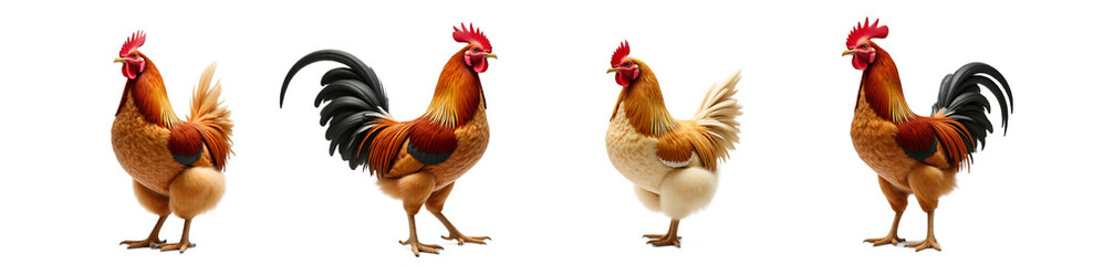 Fototapeta premium Four detailed farm roosters isolated on transparent background. Perfect for farm animal illustrations, Easter designs, educational resources, and agricultural themes. High resolution.