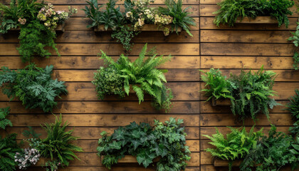 Various plants and ferns are arranged on a wooden wall, adding freshness and a natural vibe to the interior space. This lush green display enhances the environment's calming aesthetic