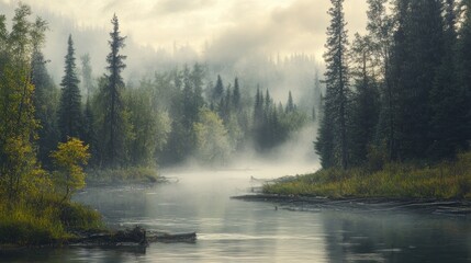 Fototapeta premium A serene river landscape shrouded in early morning mist amidst evergreen forests