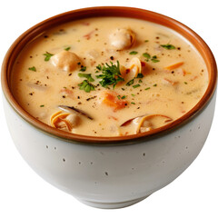 Creamy Seafood Chowder with Clams and Vegetables in a Rustic Bowl