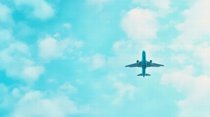 Obraz premium Airplane flying gracefully through a cloudy sky capturing the essence of travel and adventure in the open air