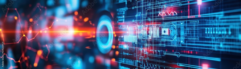 Poster Dynamic computer screen displaying a red and blue background related to innovative power plant digital twin technology