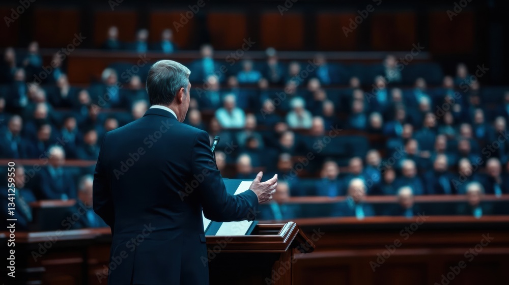 Poster distinguished man in a suit speaking intently into a microphone during a press conference or public 