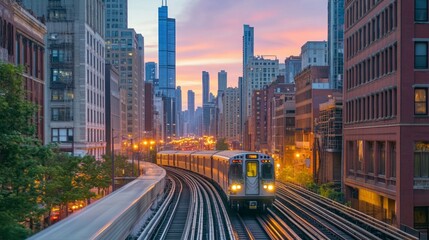 Obraz premium Elevated train passing through city at sunset.