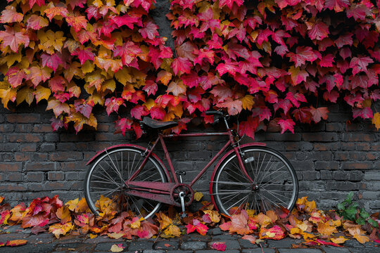 A rusty red bicycle leans against a brick wall covered in vibrant autumn leaves.