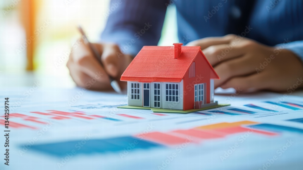Aufkleber house model on table with calculator and papers representing professional analysis of real estate an