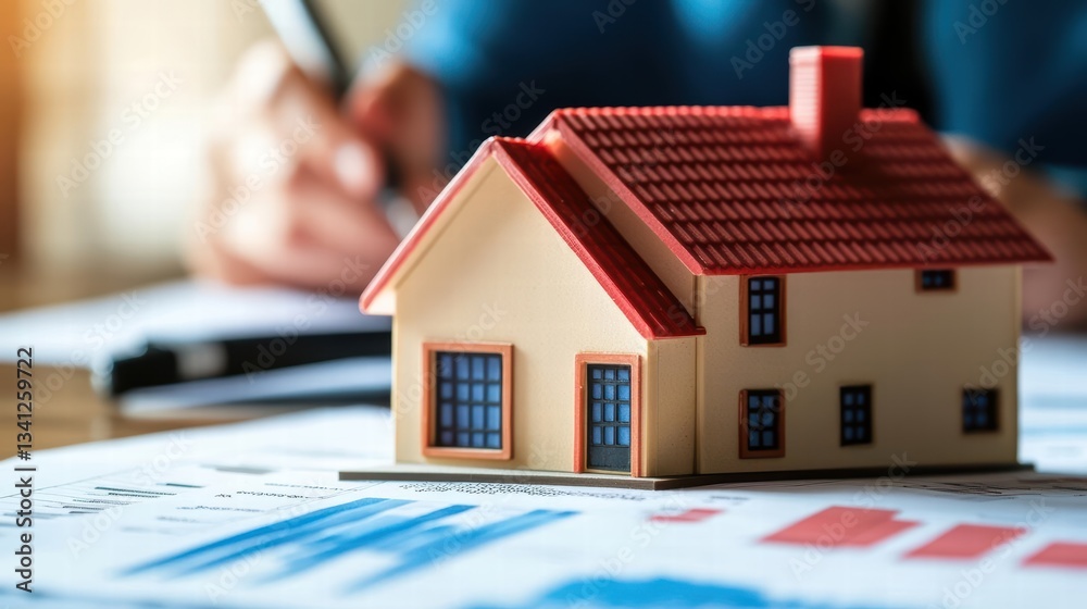 Poster A house model positioned on a table next to calculation papers representing real estate analysis and evaluation tasks