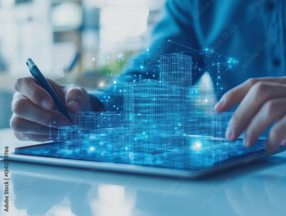 Aufkleber An architect utilizing a tablet featuring a cityscape application for urban planning and design development