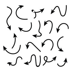 Set of black hand drawn arrow element vector. Collection of doodle arrows, lines, symbol, pointing mark, shapes on white background. Simple icon illustration for education, decoration, map in eps 10.