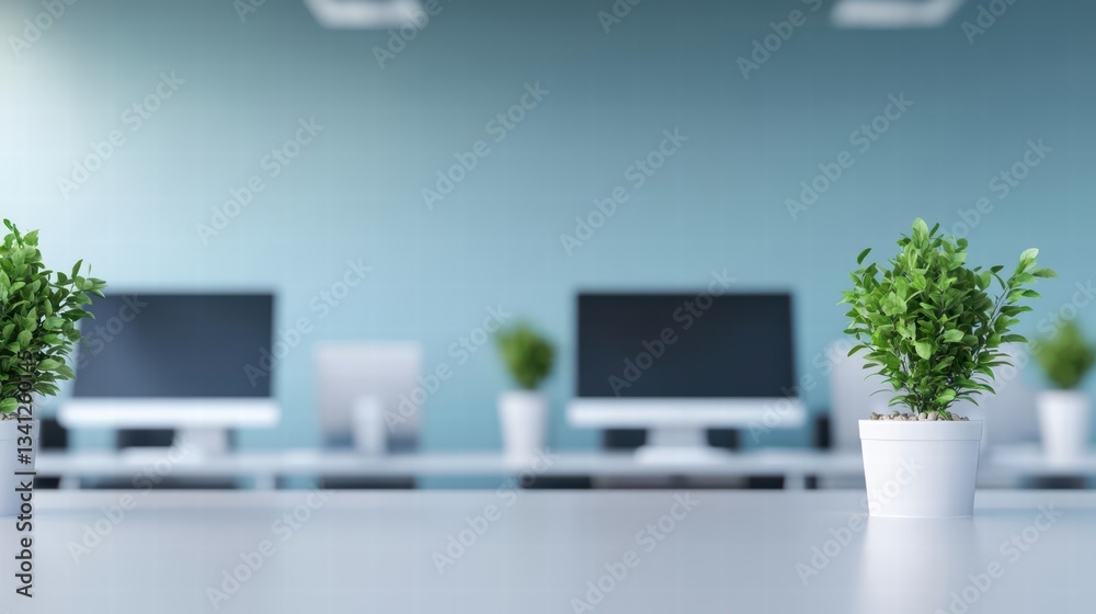 Poster a professional office desk with two potted plants adding greenery and freshness to the work environm