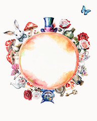 Wonderland poster, banner, greeting card.  Watercolor white rabbit, cat,  hat, key, clock, tea cup, rose, mushrooms  and other. Frame and place for text. Vector illustration