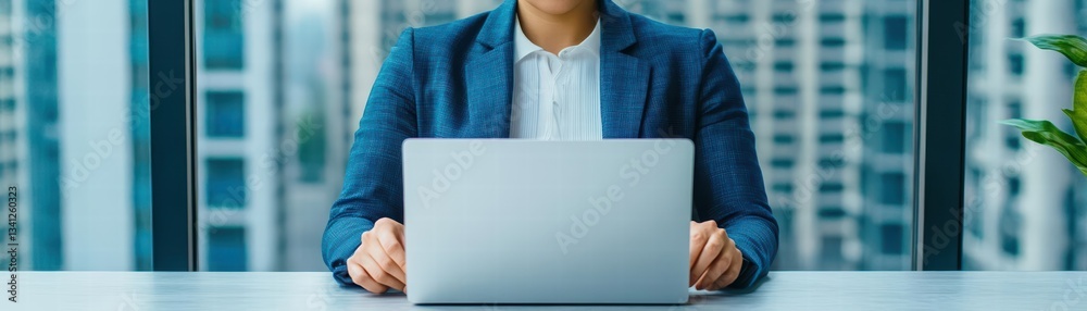 Aufkleber professional woman sitting at a table working on a laptop with a concentrated expression in a modern