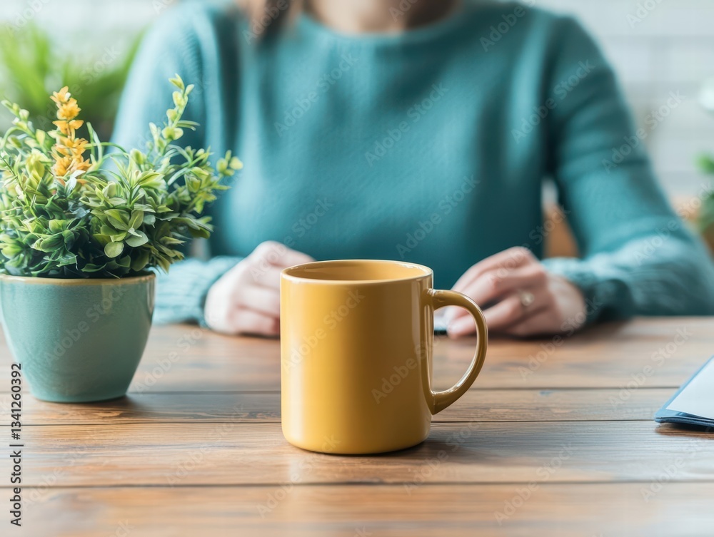 Poster professional woman working at a table with a mug and a plant in a cozy and inviting workspace enviro