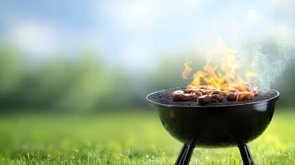Barbecue grill with flames engulfing food for an outdoor summer cookout outdoor