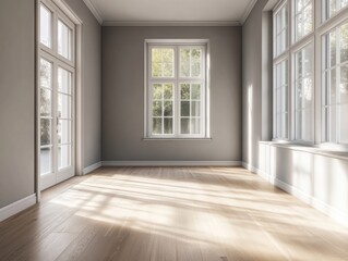 A large room with a white door and white windows. The room is empty and has a lot of natural light