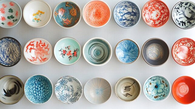 A collection of hand-painted ceramic bowls arranged in a pattern digital