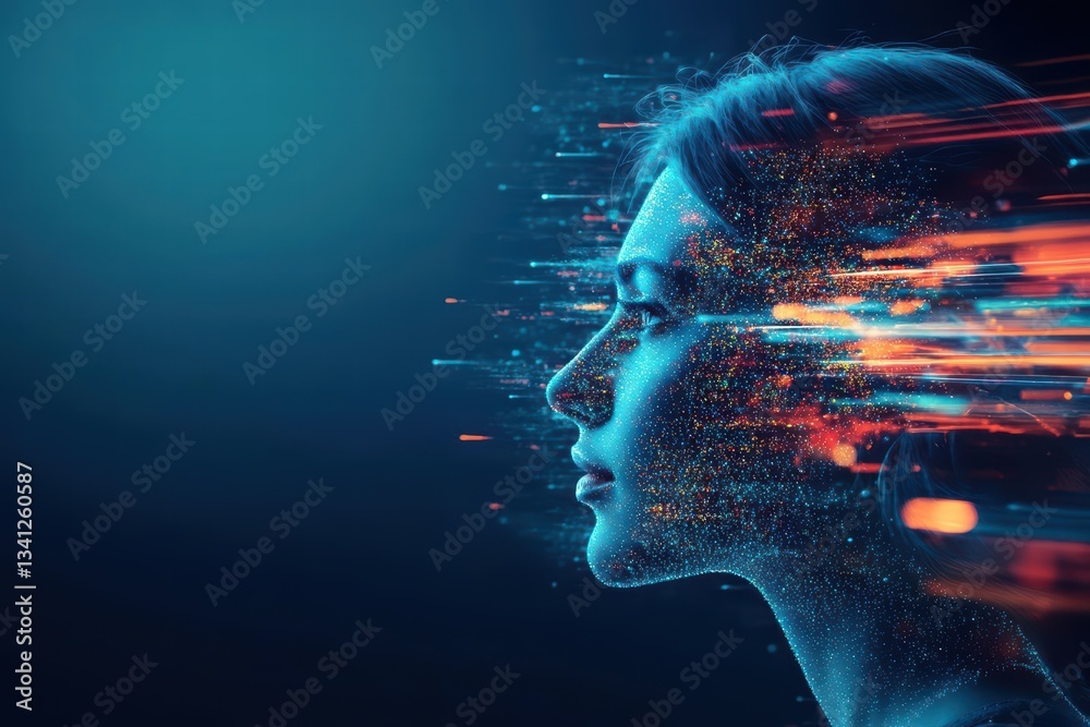 Aufkleber profile of a woman's face against a glowing blue and orange background creating a unique and artisti