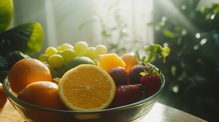 A close-up of a bowl of fresh fruit surrounded by soft natural light digital