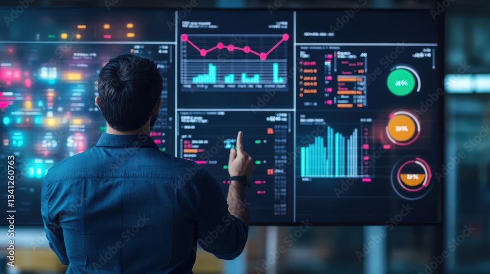 Poster Project manager analyzing data on computer screen with graphs and charts for informed decision making