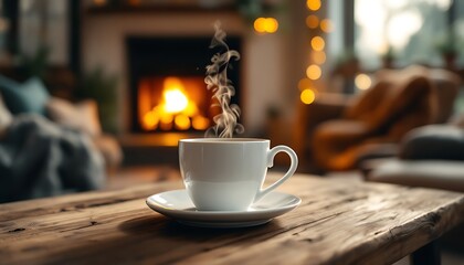 Fototapeta premium Steaming Coffee Cup on Wooden Table by Fireplace in Cozy Room