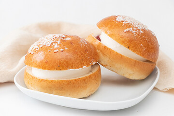 Traditional Finish sweet buns with whipped cream for Shrove Tuesday. Laskiaispulla.