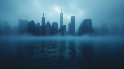 Mysterious City Skyline in Fog