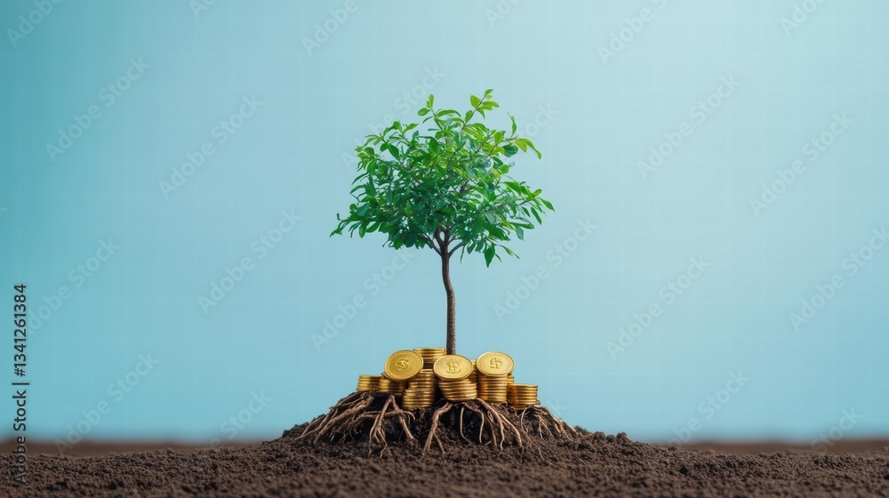 Poster a green tree emerging from a pile of coins illustrating the connection between nature and financial 