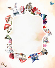 Wonderland poster, banner, greeting card.  Watercolor white rabbit, cat,  hat, key, clock, tea cup, rose, mushrooms  and other. Frame and place for text. Vector illustration