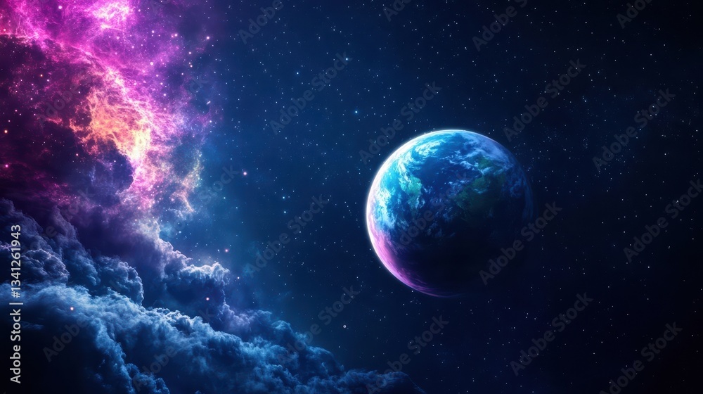 Poster Stunning view of earth surrounded by a colorful nebula creating a vibrant alien planet atmosphere in space