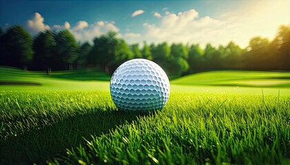 A white golf ball rests on lush green grass, shining in the sunlight, symbolizing precision and style
