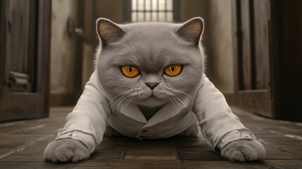 Angry Cat in a Shirt, Corridor,  Dramatic Mood,  Possible use for humor or illustration