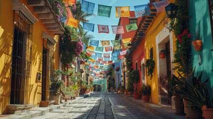 Colorful street with papel picado banners
