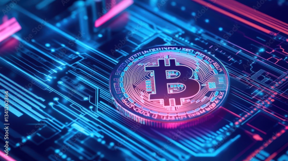 Poster a bitcoin embedded on a circuit board representing digital currency and technological advancement in